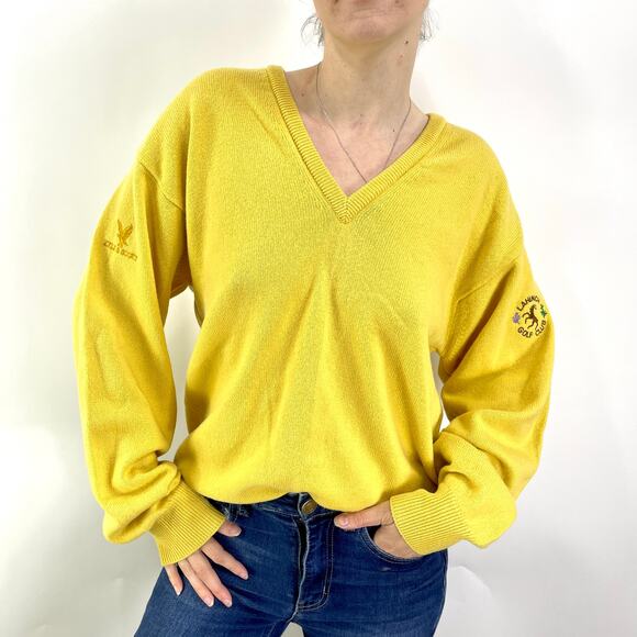 90s LYLE & SCOTT Yellow V-Neck 100% Wool Scottish Oversized Sweater - Picture 9 of 14